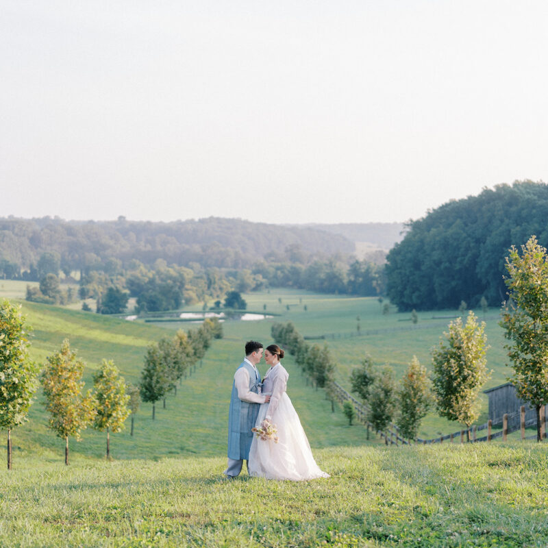 Bride and groom kissing in country field with pastoral views