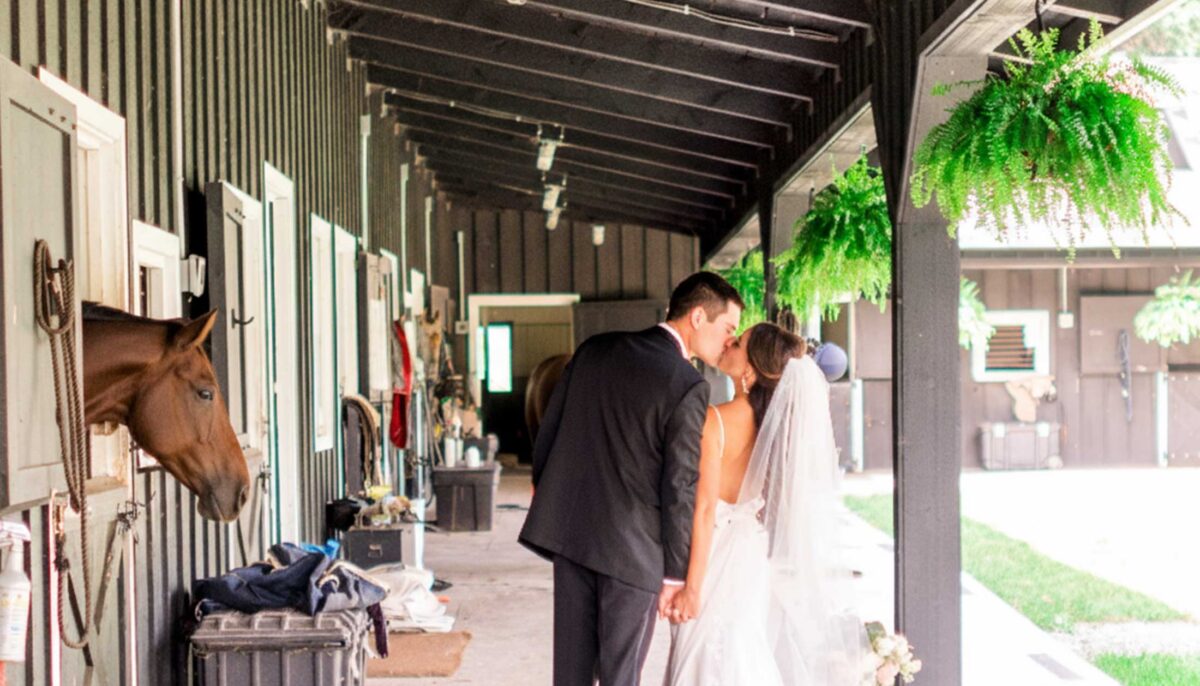 A wedding couple kissing in the stable aisle, ferns hanging overhead and a horse looking out from its stall