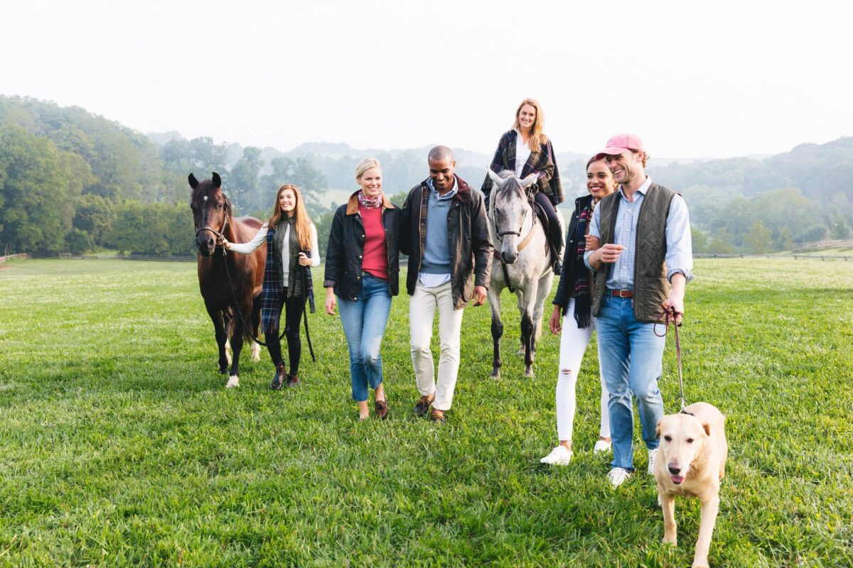 Guests walking across the pasture together with two horses and a labrador, hills fading behind them